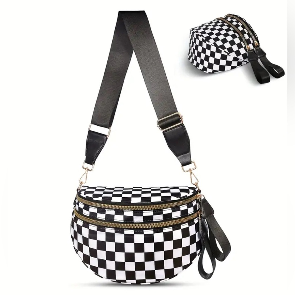 Checkerboard Black Nylon Crossbody Bag, Colorful Checkered, Crossbody, Sling Bag